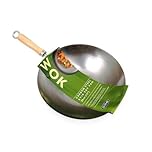 Wok stir Fry pan Chinese 30 cm Flat Base Wood Handle and Professional Carbon Steel