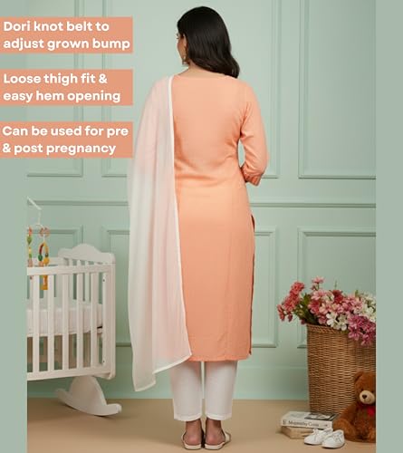Image of DUMMY SHAPE Pregnancy Dresses for Women Cotton | Floral Maternity Kurta Pant Dupatta Set with Dual Nursing Zippers | Pre & Post Partum | Feeding Kurtis | Baby Shower | Gifts for Pregnant Woman