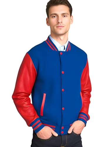 Image of Deckra Men's Varsity Jacket Genuine Leather Sleeve and Wool Blend Letterman Boys College Varsity Jackets XS-5XL