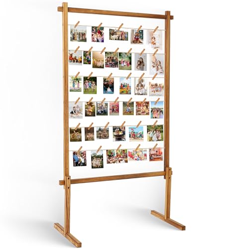Collage Picture Frame,Photo Display Board with Clips,Wood Pictures Photos Frames With Stand for Wedding Graduation Party Birthday Greeting Letter Postcards Christmas Cards Holder Organizer,135cm