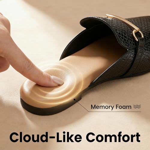 Image of MUSSHOE Gold Buckle Mules for Women - Comfortable Memory Foam Loafers, Classy Slip On Flats for Office Business Casual, Dressy Pointed Toe Shoes