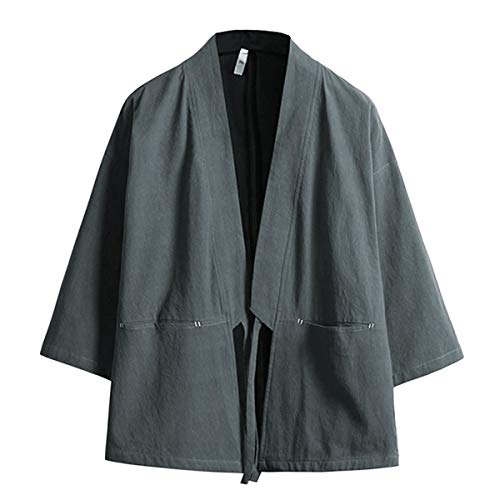 Image of Haseil Men's Kimono Cardigan Japanese Jackets Casual Cotton 3 /4 Sleeve Shirt Open Front Coat Lightweight Linen Outwear