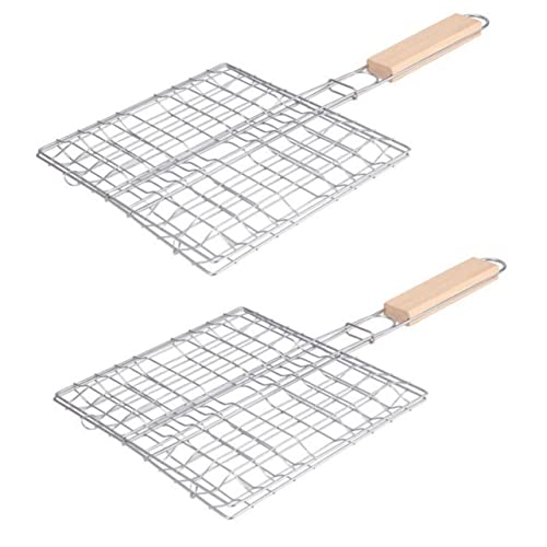 Kisangel 2 Piezas Parrilla Inoxidable Plegable Parrilla portátil Parrillas parilla Barbecue Canasta de Parrilla de Barbacoa Cesta de Parrilla Barbacoa Bambú Plata