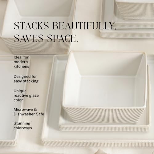 Image of Stone Lain Grace Stoneware 12-Piece Modern Square Dinnerware Set, Ribbed Plates and Bowls Set, White