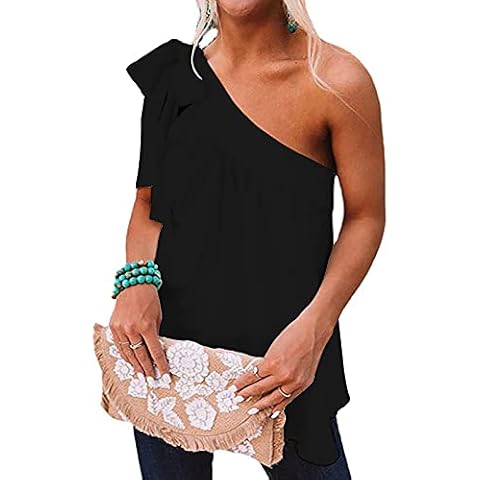 Faculol One Shoulder Tops for Women Black Shirts Tie up Casual Summer Blouse Size Large Cover
