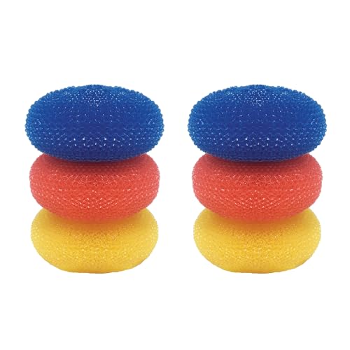 Image of LOLA Jumbo 4 inch Plastic Mesh Scouring Pads, 6 Pack, Non-Scratch, Great for Pots, Dishwashing, Sinks, Appliances, Assorted Colors