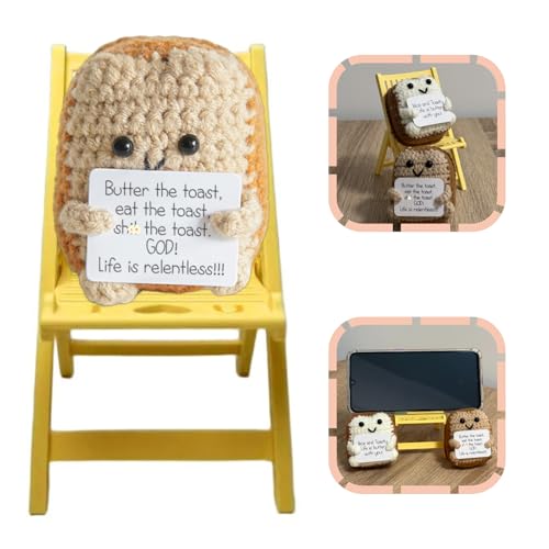 Funny Crochet Toast Plush and Yellow Phone Stand Set - Gag Fun Gifts, Handmade Crochet Decor, Funny Office Decor, Gifts for Women Men Coworkers, (Tan...