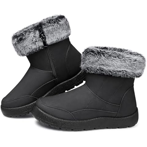 SHIBEVER Winter Boots for Women Snow: Waterproof Slip On Fur Woman Snow Boots Grey Size 7 - Walking Comfortable Warm Shoes Cover