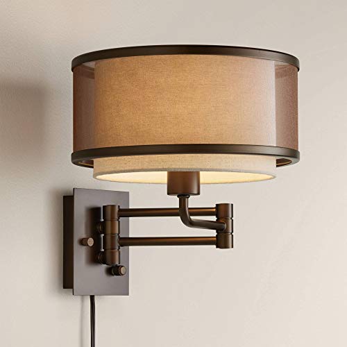Vista Rustic Farmhouse Swing Arm Wall Lamp Oil Rubbed Bronze Plug-in Light Fixture Brown Oatmeal Linen Double Drum Shade Bedroom Bedside House Reading Living Room Home Hallway - Franklin Iron Works