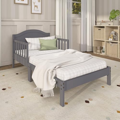 Image of Dream On Me Sydney Toddler Bed in Steel Grey, Greenguard Gold Certified | Solid Arched Panel, Low to Floor Bed, 2 Safety Guard Rails, Sturdy Wooden Frame, 50 Lb Limit, BSA Verified