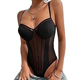 mixcb Women's Sheer Mesh Sleeveless V-Neck Lace See Through Cami Bodysuit Tops Going Out Tops