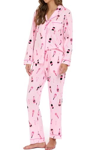Image of LUBOT 100% Cotton Pajamas for Women Pajama Set 2 Piece PJ Sleepwear Set Soft Ladies Button Knit Long Sleeve Loungewear XS-XXL