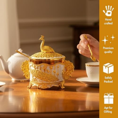 Image of Premium Decorative Peacock Design Sugar Pot | Jar with Spoon | Gold-Plated, White Enamel | Embossed Peacock Glass Container for Home Decor, Kitchen & Gifting