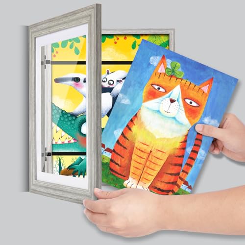 Image of [2 Pack] Kids Art Frames, 10x12.5 Front Opening Kids Artwork Frames Changeable, Grey Wood Grain Artwork Display Storage Frame for Wall, Holds 50 Pcs, for 3D Picture, Crafts, Children Drawing, Hanging