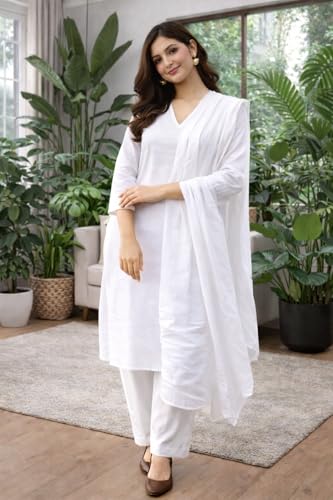Image of Women's Pure Cotton White plain Salwar Suit | solid Coord Set with Duppatta