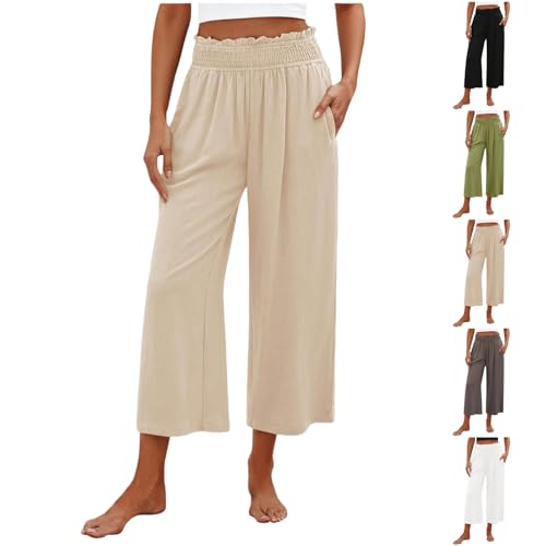 Womens Capri Pants with Pockets High Waist Linen Capris Summer Casual Wide Leg Palazzo Harem Trousers Beach Outfits