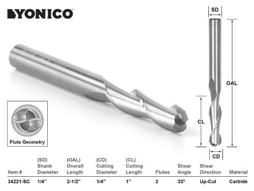 Image of YONICO CNC Endmill Router Bit Solid Carbide 1 /4-Inch Diameter X 1-Inch Cutting Length 1 /4-Inch Shank 14420q