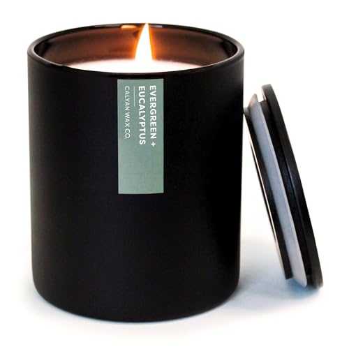 Calyan Wax Co. Evergreen & Eucalyptus Scented Candle - 75 Hour Burn - Luxury Clean Soy Wax Candles - Long Lasting Black Tumbler Jar Candle for Home - 10.2oz