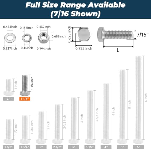Image of 8 Sets Glvaner 7 /16-14 x 1-1 /4 inch Stainless Steel Hex Head Screws Bolts, Nuts, Flat & Lock Washers, 18-8 (304) Stainless Steel, Full Thread, Coarse Thread