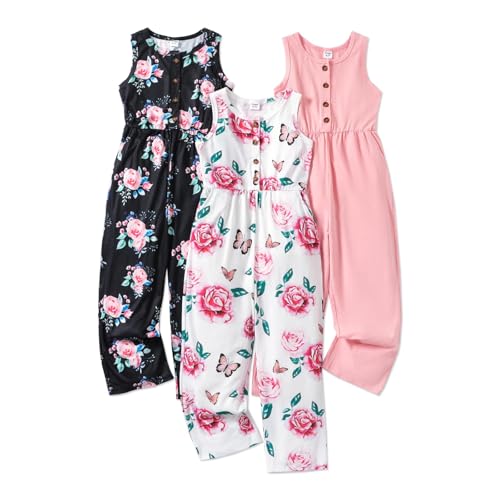 PATPAT Girls Jumpsuit Size 7-8, Pink+Black Floral+White Butterfly, 3 Piece