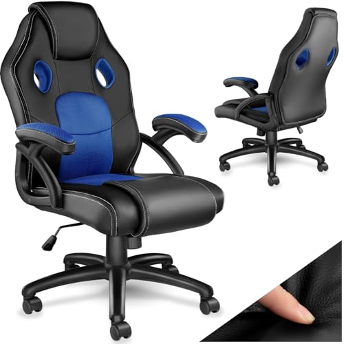 tectake® Racing Bürostuhl, Gaming Stuhl mit Wippfunktion, Chefsessel, Drehstuhl mit Rollen, höhenverstellbarer Schreibtischstuhl, Bürostuhl ergonomisch, PC Stuhl - schwarz/blau