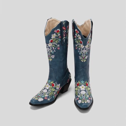 Bottes de cowboy grande taille confortables à enfiler pour l'hiver bleu - 3