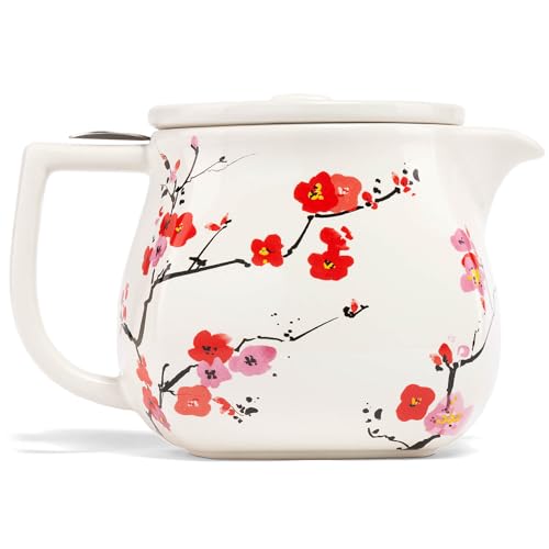 Image of Tea Forte Ceramic Teapot with Infuser, Sakura Cherry Blossom, 24 oz | Floral Patterned Ceramic Teapot & Lid - Stainless Steel Loose Leaf Tea Infuser - Microwave & Dishwasher Safe