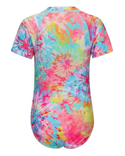 Girls One Piece Rash Guard Swimsuits for Kids Girls Short Sleeve Bathing Suits with Front Zipper Swimwear 3-16 Years2