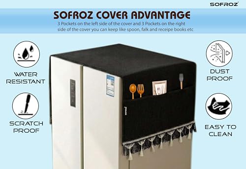 Image of Refrigerator Double Door Waterproof, Dustproof, Protective Cover for Fridges with Extra Storage Space Nylon Top Cover with 6 Storage Pockets (170 x 65 cm) (Black Lace)