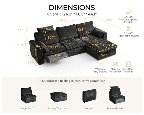 Image of 124.8'' Oversized Power Recliner Sofa with Headrest, Extra Wide Modular Cloud Sectional Reclining Couch, Convertible 4-Seater with Storage Ottoman for Home Theater Living Room, Chenille, Black