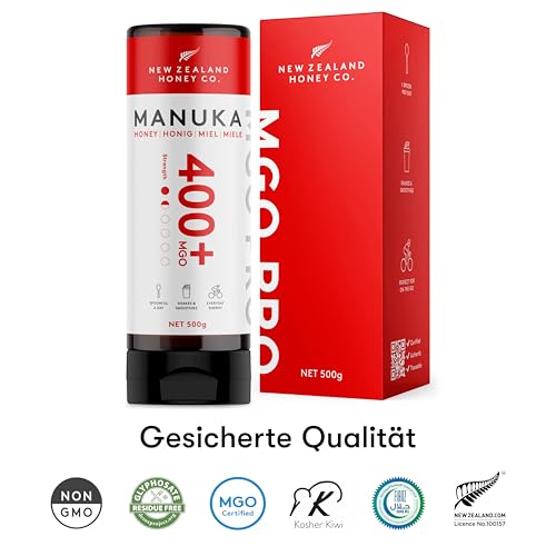 New Zealand Honey Co. Manuka Honig MGO 400+ | 500g Quetschflasche | Aktiv und Roh | Hergestellt in Neuseeland | Zertifiziertem Methylglyoxal Gehalt | 500g
