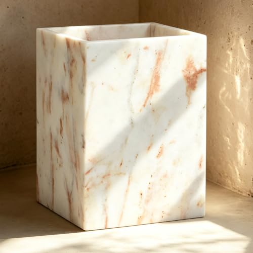 Image of Natural Marble Rectangular Trash Can, 1.9 Gallon /7.2 Liter Garbage Bin, Decorative White Gold Marble Wastebasket, Waste Basket for Bathroom, Bedroom, Home Office, Laundry Room, Kitchen
