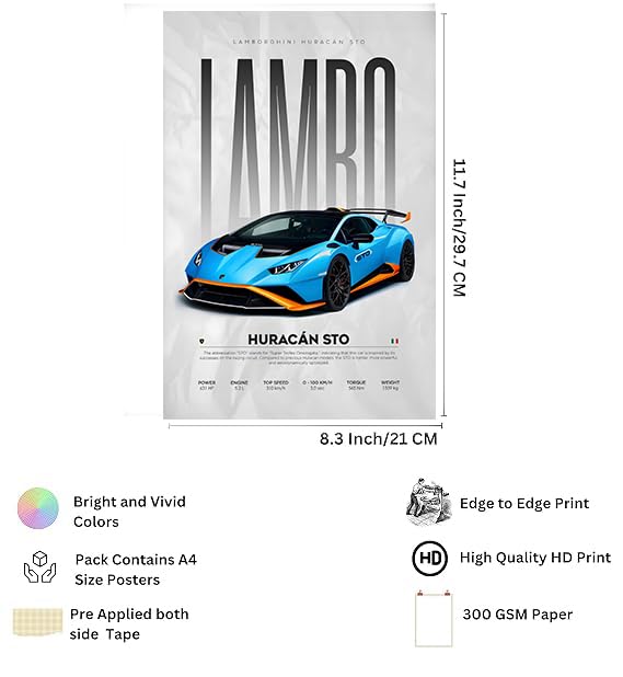 Image of Fit-in Trends Car Poster For Wall Boys Room|Super Car Poster Stickers | Gifting Ideas For Men Boys Car Lover's | Wall Art For Living room, Office, Dining Room| A4 Size Wall Art(Lambo)