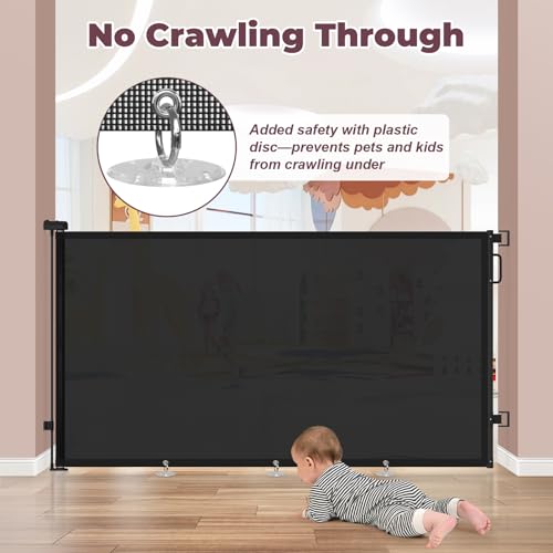 Image of 42 inch Extra Tall Retractable Baby Gates, 76 inch Wide Dog Gate for Stairs | Mesh Gate Indoor Outdoor for Doorways Deck Kitchen, Long Safety Gate for Child Toddler, Prevent Pet from Jumping Over, Black