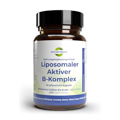 Liposomaler aktiver B-Komplex - Mit B12, Folsäure, B1, B2, B3, B5, B6, Biotin und PABA - 30 pflanzliche Kapseln im Braunglas - vegan und gentechnikfrei - von Nature Power