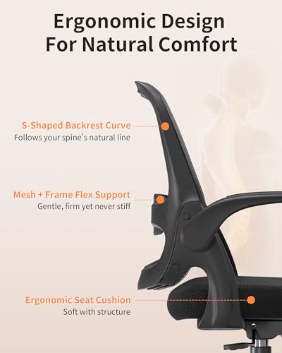 LukkDys Ergonomic Mesh Office Chair with Flip-Up Arms, Adjustable Height, Breathable Mesh Back & Thick Cushion Seat, 360° Swivel Rolling Computer Desk Chair, BIFMA Certified, Suppo image 4