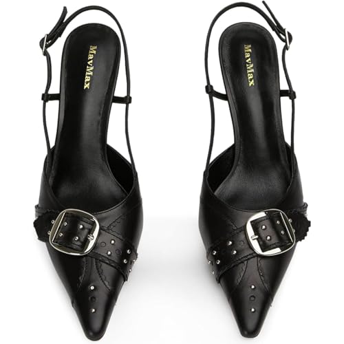 MAVMAX Slingback Heels for Women Studded Pointed Toe Kitten Heels Pumps Buckle Stiletto Backless Heeled Sandals Wedding Party Dress Shoes3