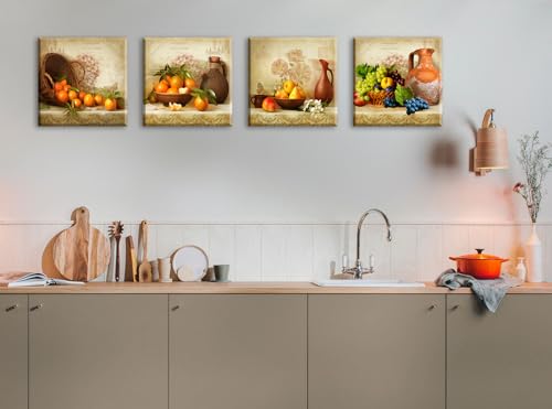Vintage Fruit Canvas Wall Art Decor, 4-Piece Rustic Kitchen Set 12x12in