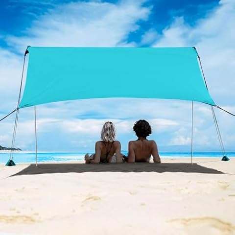 Beach Tent Canopy 7×7 FT Sun Shelter Outdoor Tent UPF50+ Protable Family Tent with 4 Sandbag Anchors 2 Poles Shelter for Beach Camping Fishing Backyard and Picnics Cover