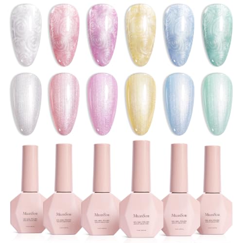 Image of MelodySusie Pearl Gel Nail Polish Set, 6 Colors Pastel Macaron White Green Pink Purple Blue Yellow Iridescent Drawing Glitter Gel Polish Soak Off Swirl Shell Thread Effect Nail Art Gifts for Women