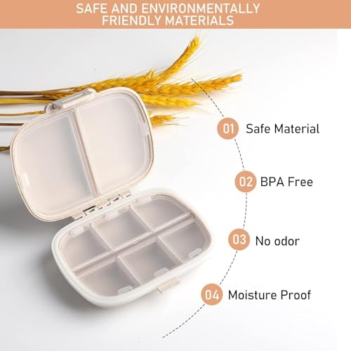 Image of ZIBUYU Travel Pill Box, Food Grade Wheat-straw Medicine Case 8-Compartment Medicine Storage Box with Divided Clear Lid, Secure Seal Pill Box for Tablets, Supplements, Vitamins (Beige)