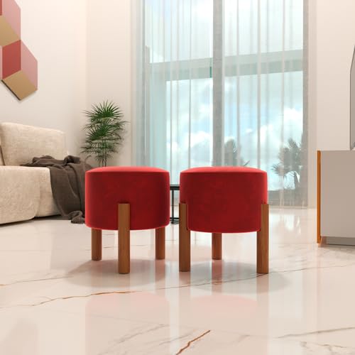 Kit 2 Puffs Redondo Luxo Luiza Suede Vermelho