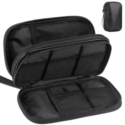 Teskyer PU Leather Cable Organiser Bag - Waterproof, Double Layer, Portable Travel Tech Pouch, Holiday Essentials for Men Women, Black