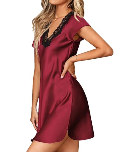 Image of Ekouaer Satin Nightgowns for Women Lace Nightgown Short Sleeve Nightshirt | Satin Night Gowns Women Sexy, Short Sleeves Night Dress, Lace V Neck, Above Knee Length, Cocktail Dates,Bridal Nightgowns