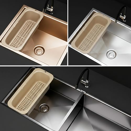 Image of Lorazzo Kitchen Sink Basket - Over The Sink Expandable Colander for Vegetable & Fruit Washing | Drain Basket & Sink Strainer | Adjustable Kitchen Sink Accessories | 1-Year Warranty (Beige)