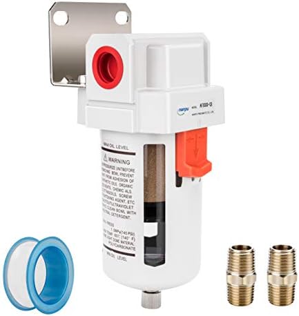 NANPU 3/8" NPT Compressed Air Line Filter, 5 Micron Brass Element, Bracket, Poly Bowl, 145 psi