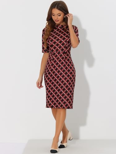Allegra K Women's Bodycon Plaid Dress Round Neck Elbow Sleeve Check Pencil Dress2