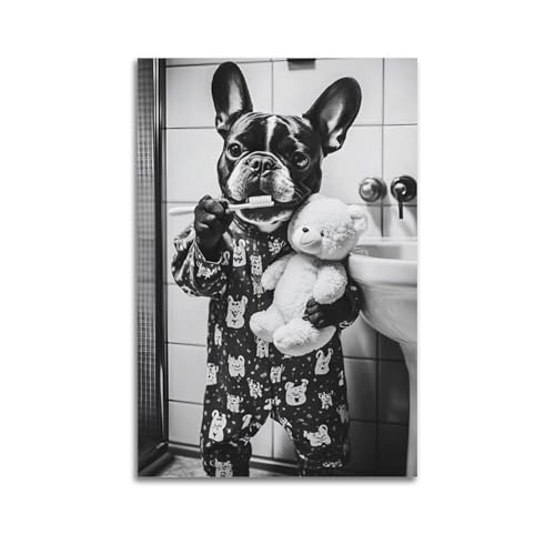 Decorazione da parete moderna in stile cartone animato, simpatico pigiama con bulldog francese che si lavano i denti, decorazione retrò casual a tema animale domestico, decorazione per casa, soggiorno
