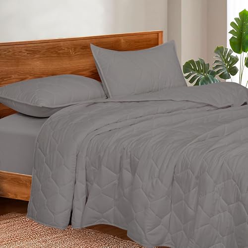 Image of ROYALE LINENS Twin Size 2 pc Quilt Set - Soft Lightweight 100% Microfiber Quilted Set - Solid Bedspread - Quilted Blanket Thin Comforter - Bedding Coverlets for All Seasons (Grey, 1 Quilt- 1 Sham)