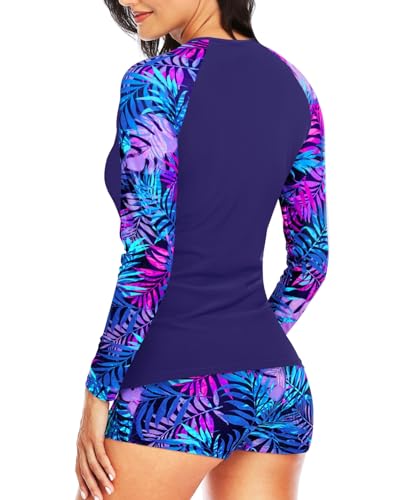Image of Daci Women Two Piece Rash Guard Long Sleeve Swimsuits with Short UPF 50+ | UPF 50+,High Waisted Short,Long Sleeve,High Neck,Built-in Brief,Quick Dry
